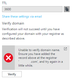 Unable to verify domain name. Ensure you have added the record above at the registrar 'contoso.com', and try again in a little while